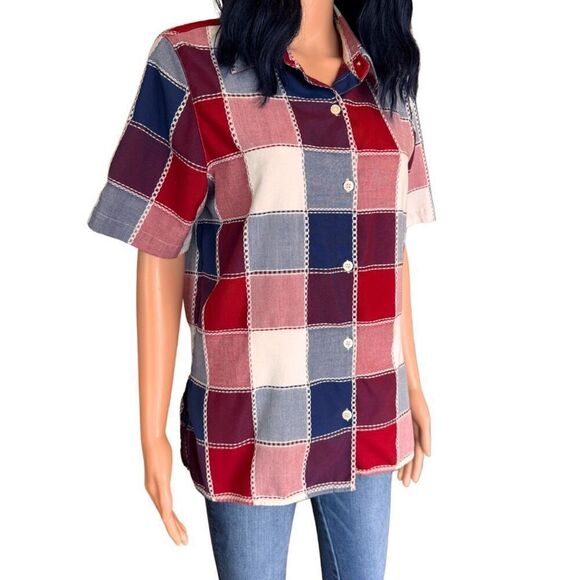 Vintage Alfred Dunner Red Patchwork Button Down Short Sleeve Shirt - Picture 3 of 6